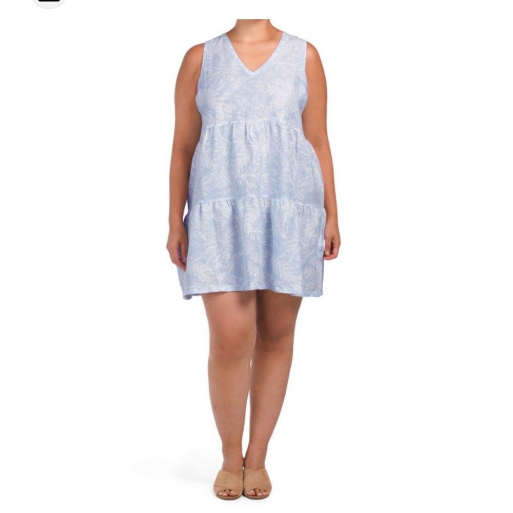 Tahari‎ 100% Linen Tiered Mini Dress Blue White Floral Print Women's 2X